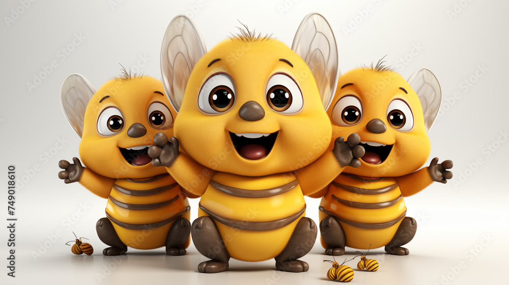 3d cartoon three bears bees isolated in white background
