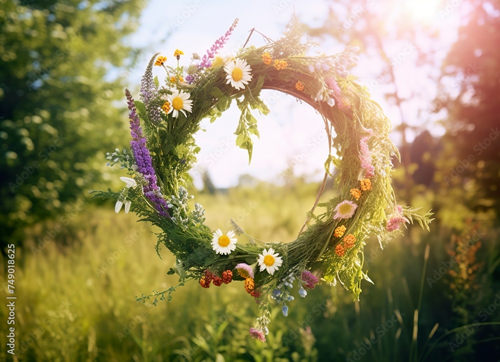 Rustic wildflowers wreath on a sunny meadow. Summer Solstice Day, Midsummer concept. Generative AI - obrazy, fototapety, plakaty 