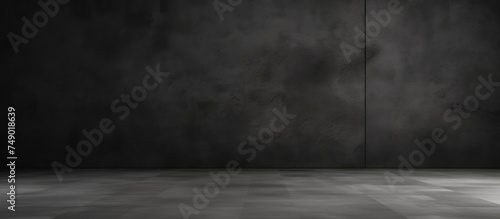 A black and white photograph showcasing an empty room with a black studio background and a textured black cement wall. The room appears vacant and devoid of any furniture or decorations. photo