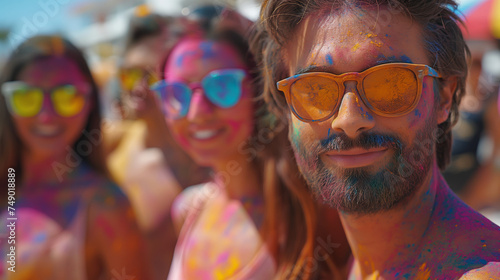 Group of people at a colorful powder festival, Holi Color