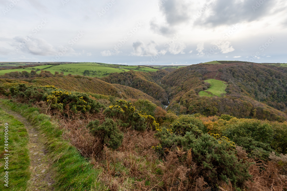 Landscape photo of the autumn colours at Watersmeet in valley in  Exmoor National Park