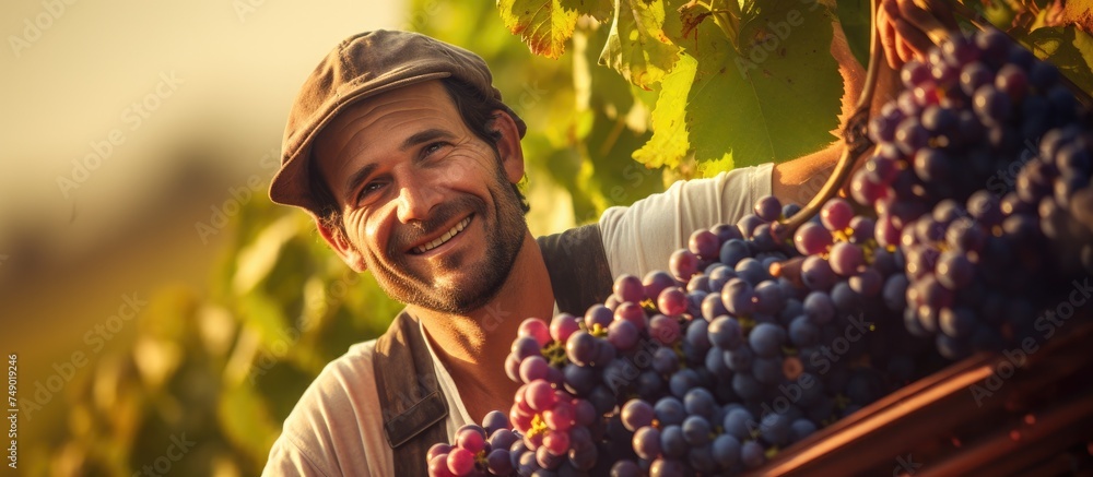 A handsome man, a farmer, is standing in a vineyard, harvesting ripe grapes during the wine harvest season. He is holding a bunch of grapes in his hands, surrounded by grapevines. - obrazy, fototapety, plakaty 