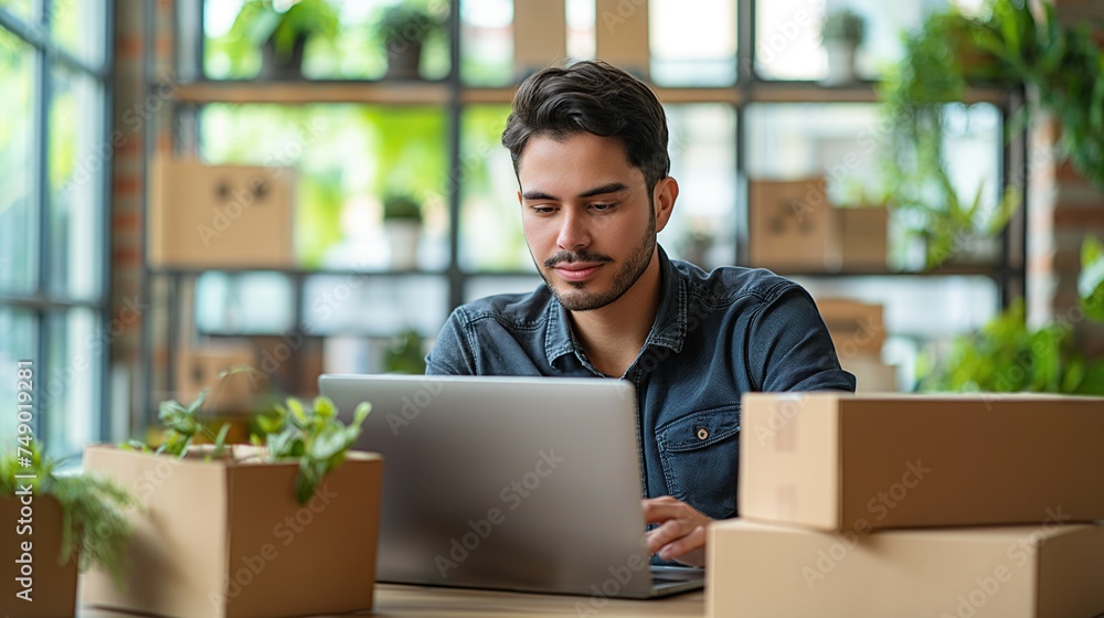 Business owner Start up of enterprise small using laptop at workplace small business entrepreneur SME or freelance working with a box at home deliver to customers, Online selling or e-commerce. Business owner Start up of enterprise small using laptop at workplace small business entrepreneur SME or freelance working with a box at home deliver to customers, Online selling or e-commerce.