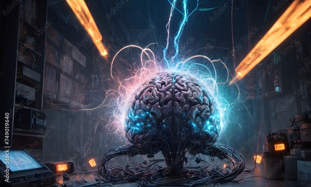 A human brain electrified with energy stands as the centerpiece in a technological setup, representing the power of neural networks and AI. AI generation A human brain electrified with energy stands as the centerpiece in a technological setup, representing the power of neural networks and AI. AI generation