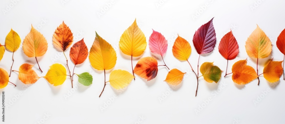 Obraz premium A stunning array of colorful autumn leaves are neatly organized in a row, standing out vividly against a pristine white background. Each leaf showcases unique shades of red, orange, yellow, and green