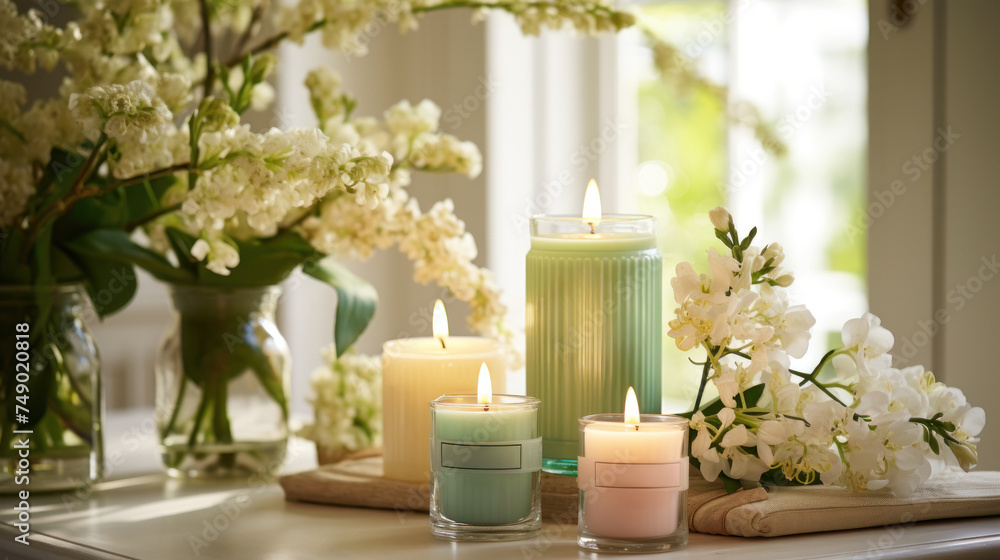 A display of scented candles in spring-inspired fragrances, arranged with botanical elements and soft lighting
