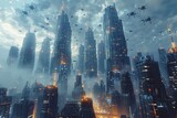 Aerial spectacle: Drones swarm over city skyscrapers.