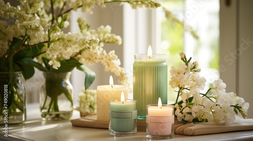 A display of scented candles in spring-inspired fragrances  arranged with botanical elements and soft lighting