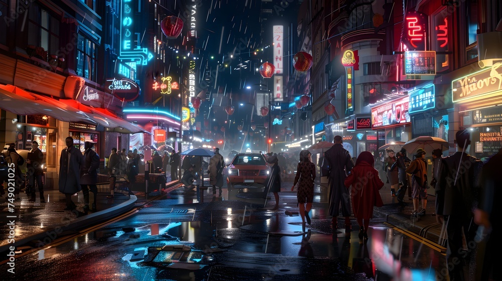 Bustling City Street in the Rain with Neon Ambiance - Generative AI
