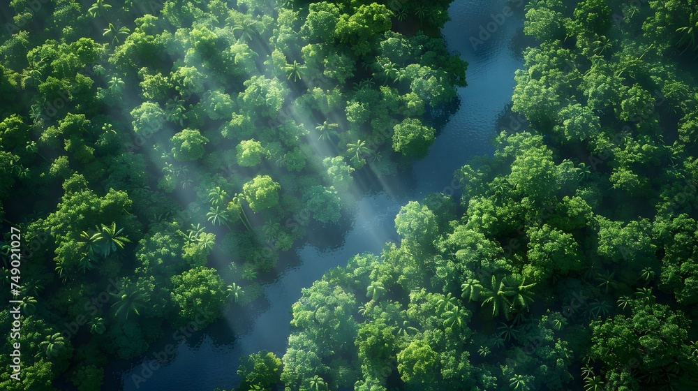 Misty River Winding Through a Sunlit Tropical Rainforest - Generative AI Misty River Winding Through a Sunlit Tropical Rainforest - Generative AI