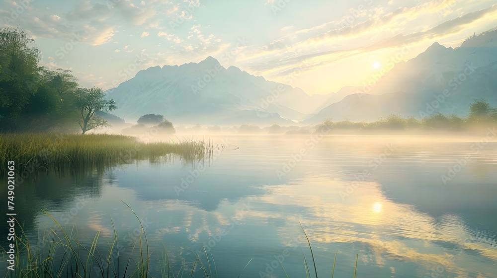 Misty Lake Morning with Mountain Reflections - Generative AI Misty Lake Morning with Mountain Reflections - Generative AI