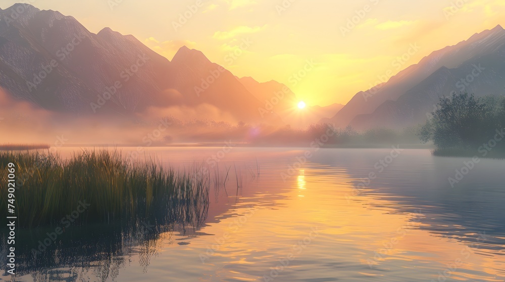 Tranquil Dawn Over Misty Mountain Lake - Generative AI