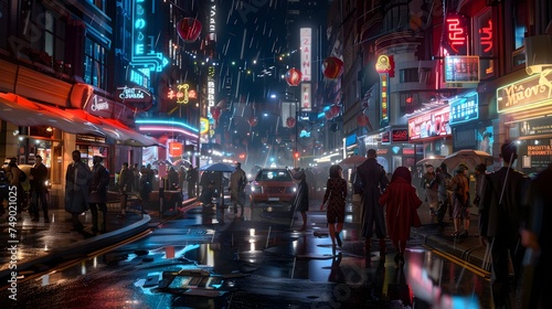 Bustling City Street in the Rain with Neon Ambiance - Generative AI