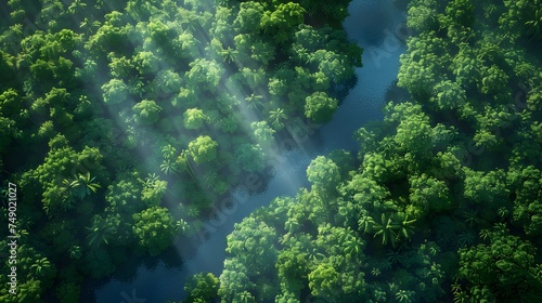 Misty River Winding Through a Sunlit Tropical Rainforest - Generative AI