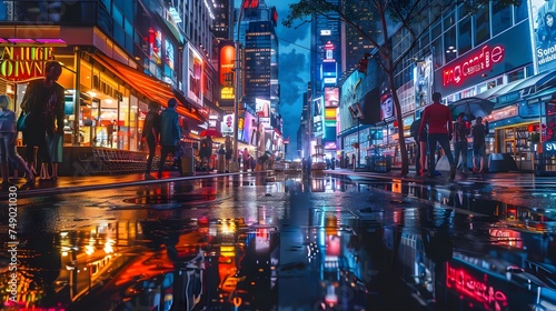 Rain-Soaked City Street Aglow with Neon Reflections - Generative AI © Andrew Hudson