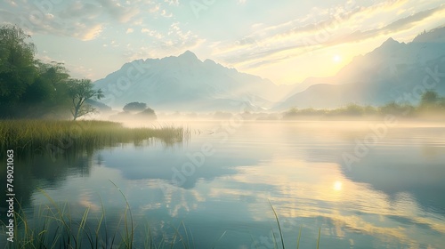 Misty Lake Morning with Mountain Reflections - Generative AI