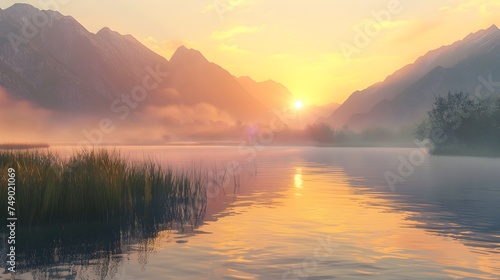 Tranquil Dawn Over Misty Mountain Lake - Generative AI © Andrew Hudson