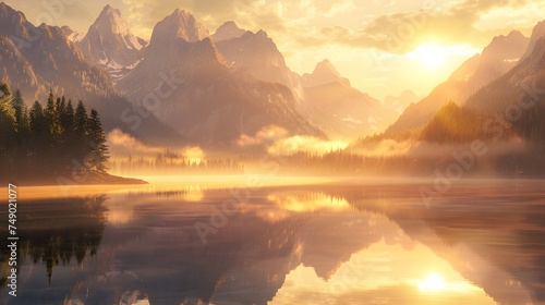 Majestic Mountain Lake Sunrise with Mist and Reflection - Generative AI