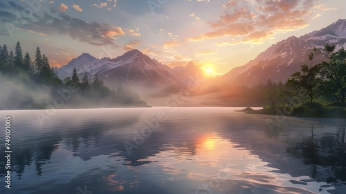 Serene Lake Sunrise with Misty Mountains in the Background - Generative AI © Andrew Hudson