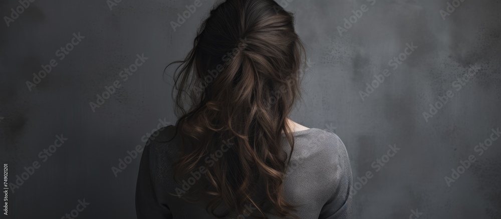 A woman with long hair is standing in front of a grey wall, tilting her head back and resting it on her hand. She appears thoughtful and contemplative.