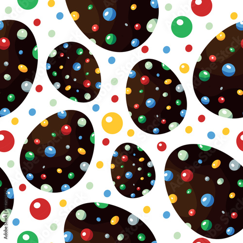 seamless pattern of chocolate easter eggs covered with round colorful sugar balls, element for design, poster or banner