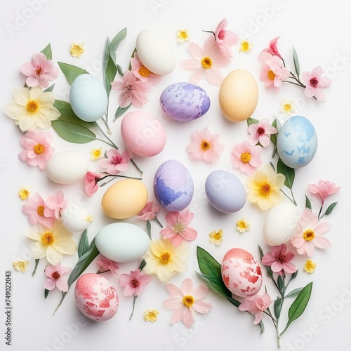 colored eggs and leaves on white background