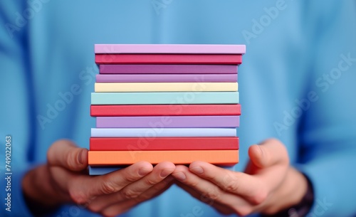 man holding stacked up book against blue background