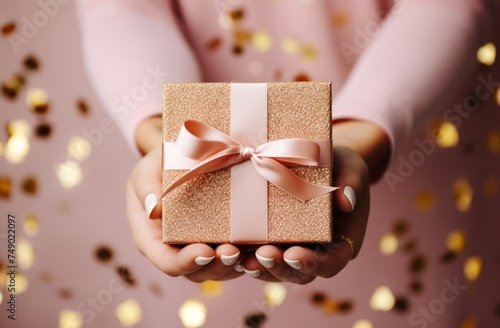 hand holding a white gift box with a gold ribbon in background,