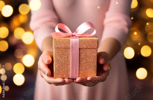 hand holding a white gift box with a gold ribbon in background,