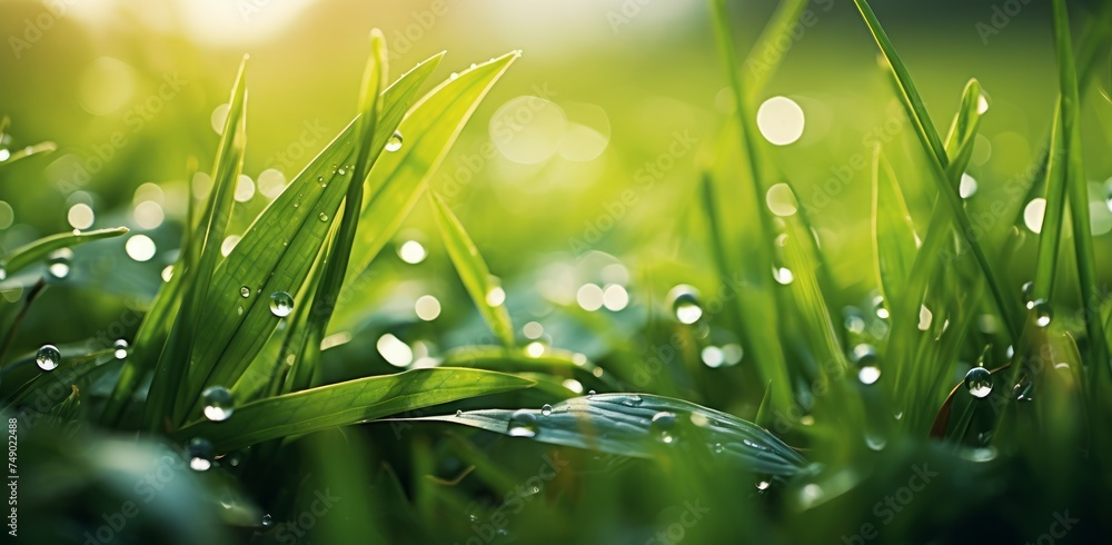 Fototapeta premium grass covered in water drops on the ground at sunrise
