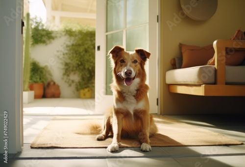 dog sits on mat at front door
