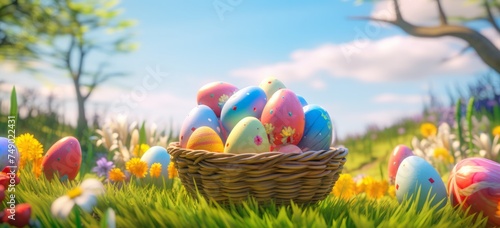 colorful easter eggs in a basket in the spring sun