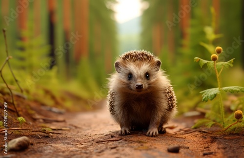 hedgehog along the road in forest