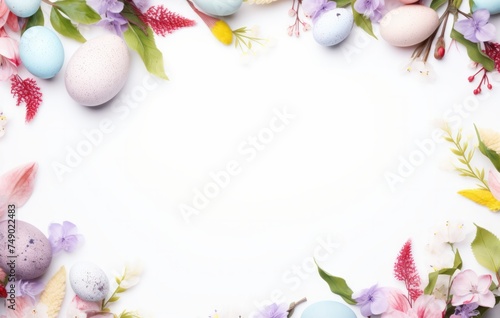 colored eggs and leaves on white background