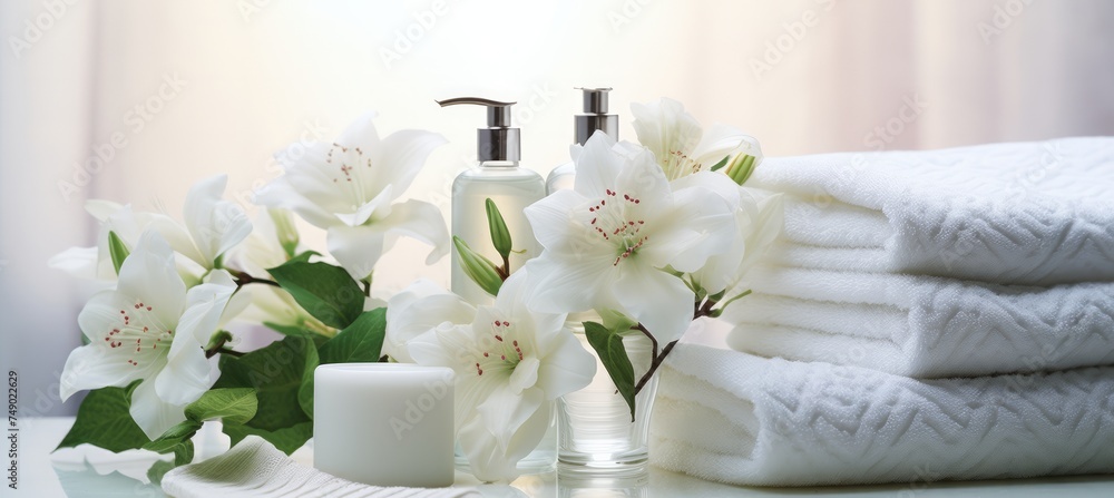 clean soaps, bottle of water, soaps, towels on white background with nature clean soaps, bottle of water, soaps, towels on white background with nature