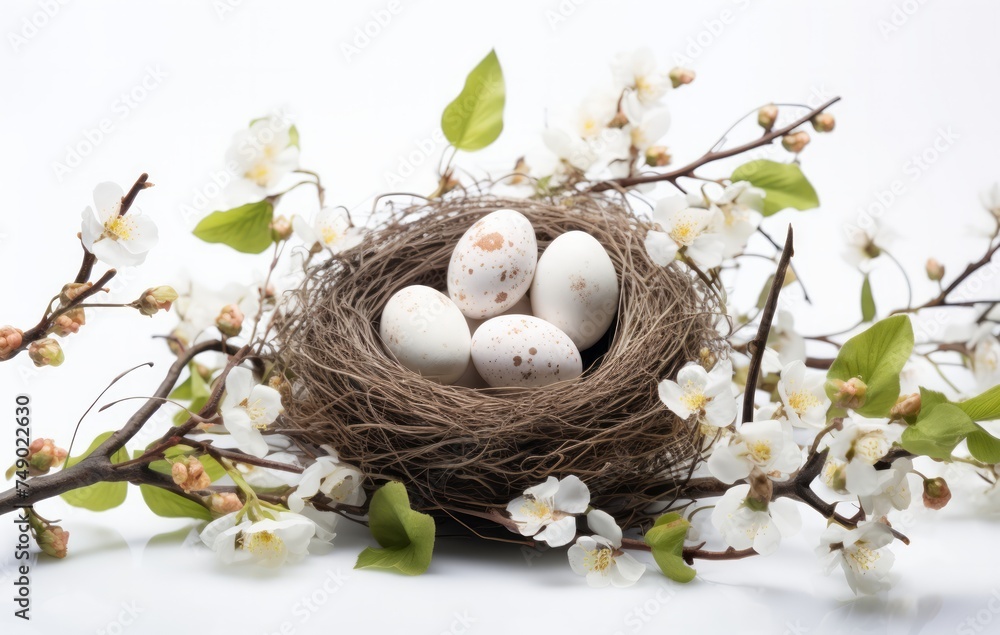 easter eggs and branches in empty nest on white background easter eggs and branches in empty nest on white background