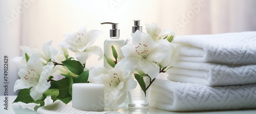 clean soaps, bottle of water, soaps, towels on white background with nature