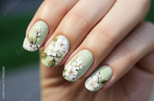 manicure with pink flowers on a woman's hand in beautiful spring scene