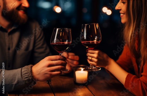 couple toasting wine glasses at a dinner table