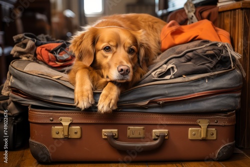 relocating a dog. dog lies on a suitcase