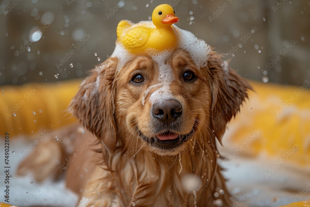 Cute Labrador dog is sitting in a bubble bath with a yellow duckling on his hed. Pets concept Cute Labrador dog is sitting in a bubble bath with a yellow duckling on his hed. Pets concept