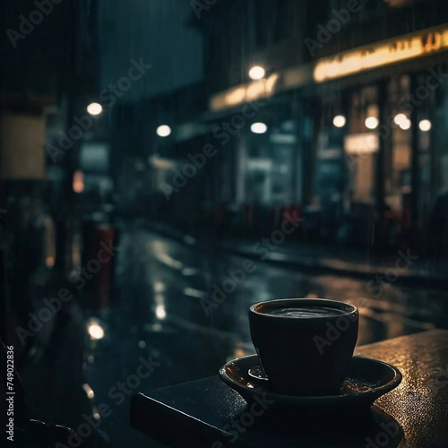 Coffee cup on the table top in cafe at night with rain. View a rainy city with blurred lights and houses. 