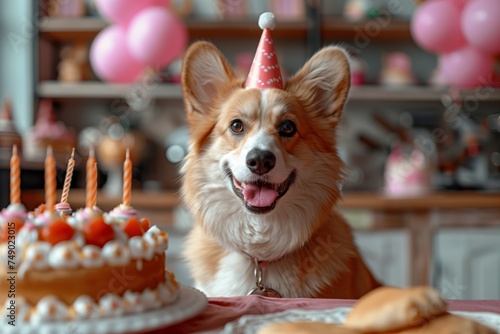 Cute corgi dog with party hat and birthday cake with candeles, presentes and ballons on pink backgroung. Pets concept photo