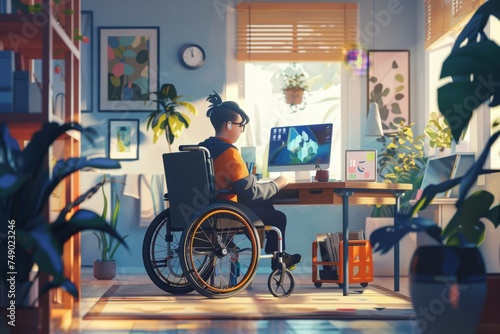 A boy in a wheelchair skillfully navigates a computer screen, demonstrating independence and determination.