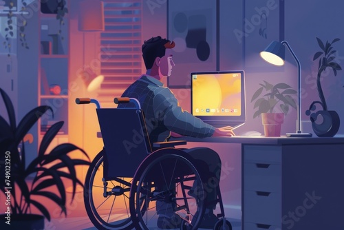 A man in a wheelchair is using a computer, embracing modern remote work environments with innovative accessibility solutions. photo