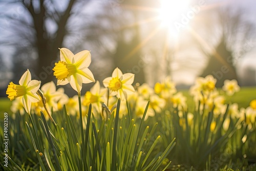 Daffodils in spring backlit by sun. AI Generated