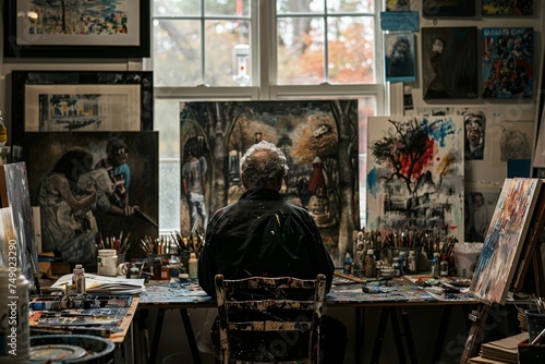 A man sits at a table in front of a window, deep in thought, capturing the quiet intensity of an artist at work.