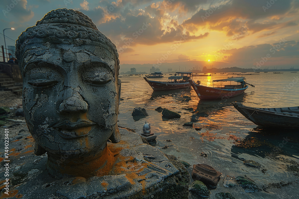 puesta de sol sobre una piedra de Buda y barcos de pesca, al estilo de paisajes urbanos cautivadores, esculturas gigantes de dinero - obrazy, fototapety, plakaty 
