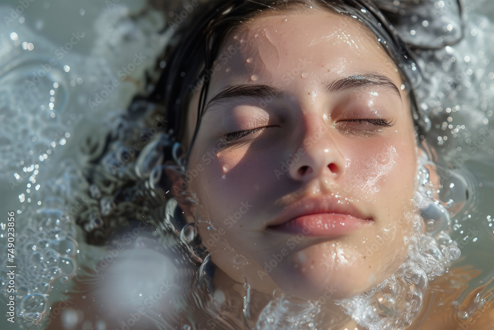 Mujer con los ojos cerrados nadando en el agua en la playa. Mujer con los ojos cerrados nadando en el agua en la playa.