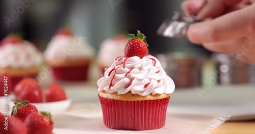 strawberry with white cream on raspberry cupcakes